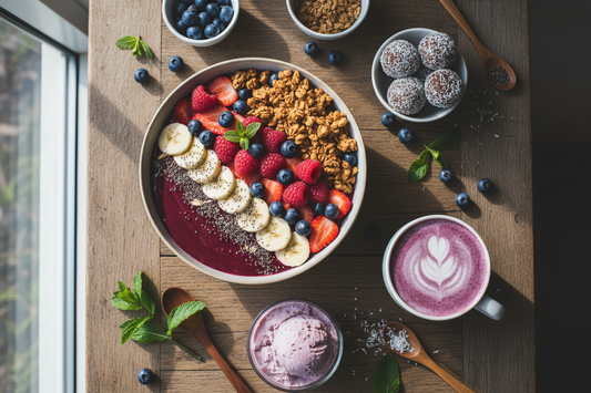 ecettes à base de poudre d'açaï bio : smoothie bowl, latte, energy balls et nice cream